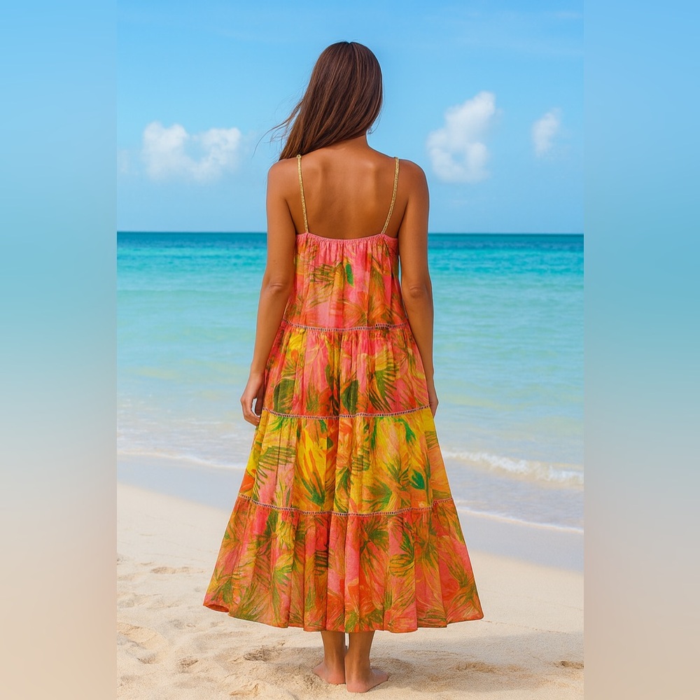 Farm Rio Maxi Dress Size- Large ,Tropical Print, Beach Ready, Resort Wear - Picture 2 of 11